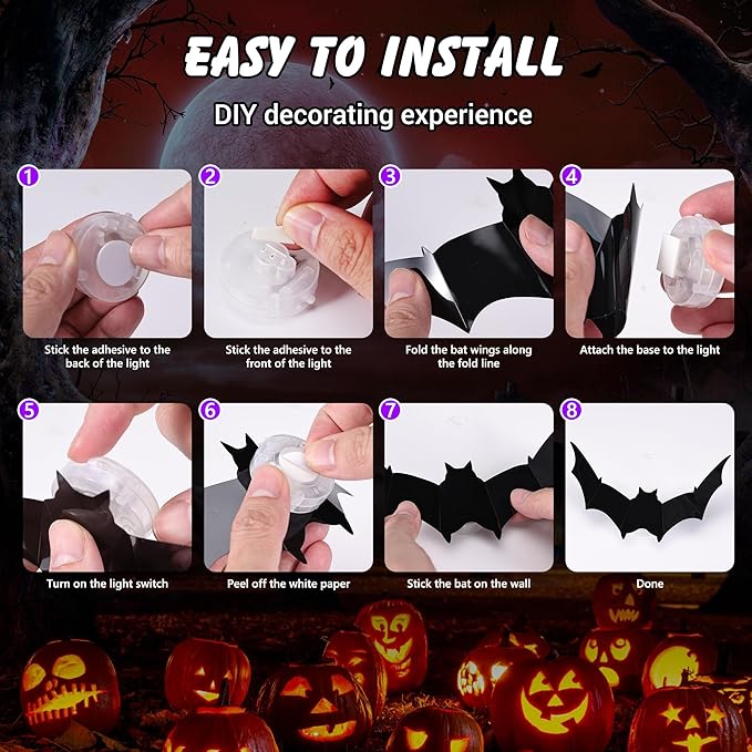 36 PCS LED Purple Lighted 3D Bats Halloween Decoration, 5 Sizes & 4 Shapes Removable PVC Bats Sticker, Waterproof Halloween Bat Wall Decor for Home Indoor Outdoor Bedroom Window Door Wall Party Decor