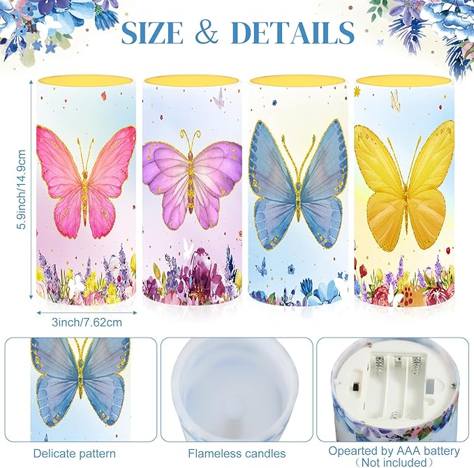 Tiamon Butterfly Flameless Candles Led Butterfly Candles Battery Operated Purple Flickering with 18-Key Remote Timer Pillar for Garden Flower Plants Party Table Decorations