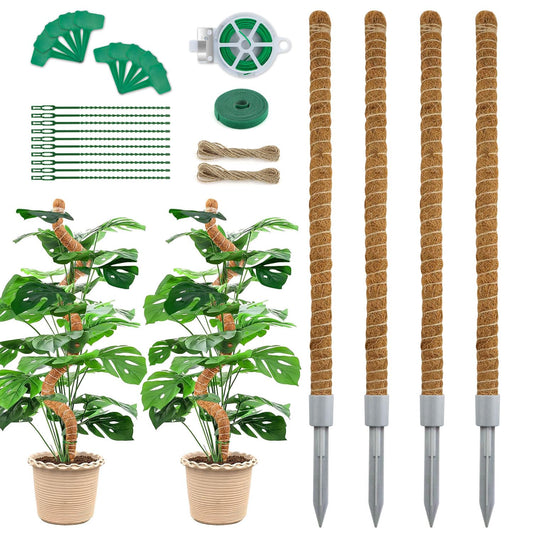 Homvvi Moss Pole 28 Inch, 4 Pack Monstera Plant Support, Bendable Coco Coir Pole - Plant Stakes for Indoor Plants, Moss Poles for Climbing Plants, with Gardening Accessories (Plant Ties etc)