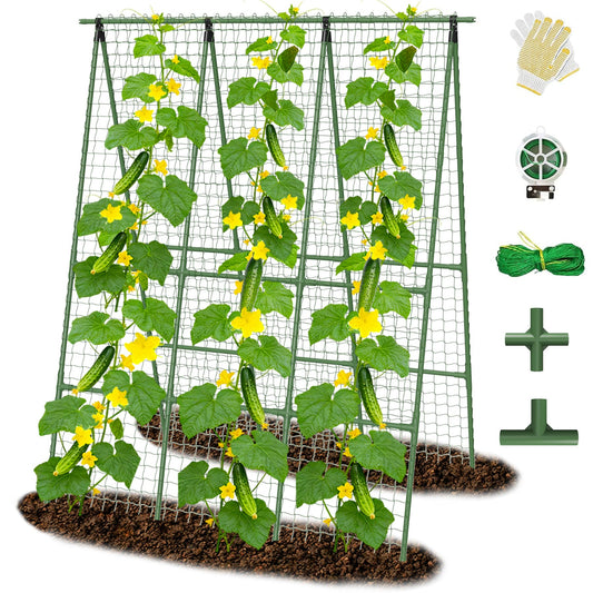 Cucumber Trellis for Raised Bed 48" L x 64" H, 16mm Adjustable A-Frame Garden Trellis with Net for Climbing Plants, Vertical Garden Vegetable Trellis for Zucchini Pea Bean Squash Grape Tomato Flowers