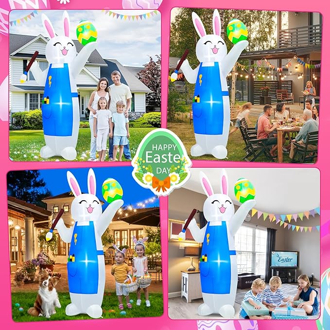 MICOCAH 8FT Easter Inflatables Outdoor Decorations Blow Up Bunny Painting Eggs Built-in LED Lights, Happy Easter Decorations Inflatable Bunny for Indoor Yard Garden Lawn Holiday Party Decor