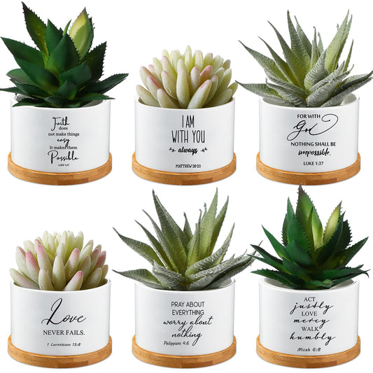 Sieral 6 Pcs Bible Verse Succulent Pots White Ceramic Flower Planter with Bamboo Tray Small Pots Christian Gift Succulent Planters for Patio Garden 3 x 3 x 2 Inch, Plants Not Included(Bible Style)