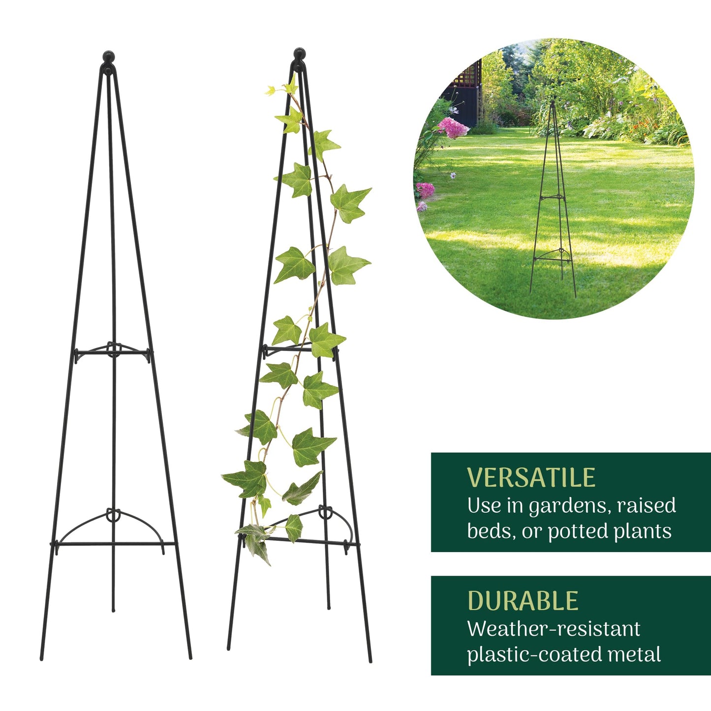 Arcadia Garden Products – No Assembly Required – 3 ft Folding Metal Obelisk Trellis for Climbing Plants – Plastic-Coated Grow Support for Indoor Outdoor Flowers, Vegetables, Vines, Ivy