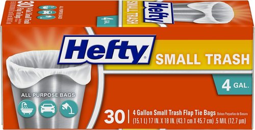 Hefty 4-Gallon Small Trash Bags - Flap Tie Design for Easy Closure | 30 Count Pack of 12