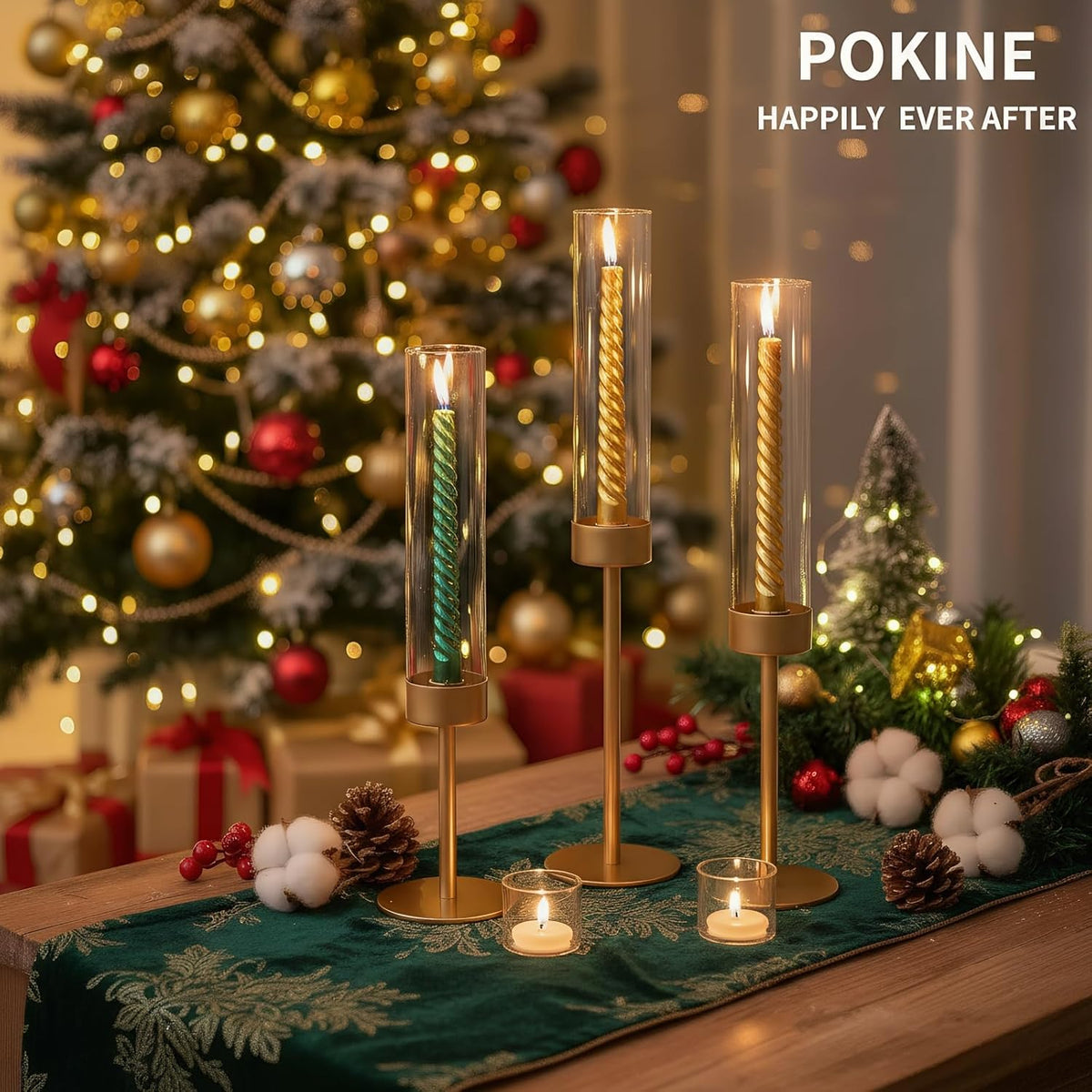 POKINE Tall Candle Holders - Set of 3 Hurricane Glass Taper Holders for Weddings & Parties