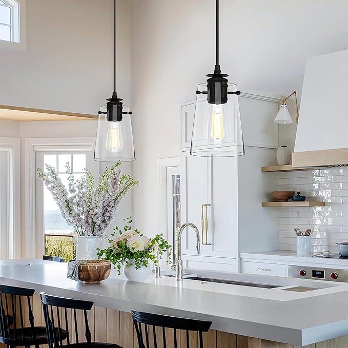 Pendant Lights Kitchen Island, Modern Industrial Pendant Light Fixtures with Glass Shade, E26 Socket Adjustable Cord for Dining Room, Bedroom, Living Room, Farmhouse Pendant Lighting 3Pcs