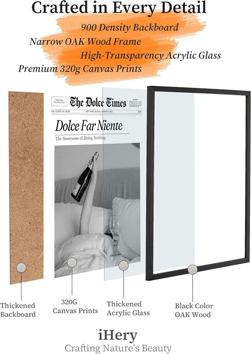 iHery Premium Black Oak Wood Framed Wall Art - Retro "Dolce Far Niente" Canvas Decor | 8x10in for Dorm & Living Room