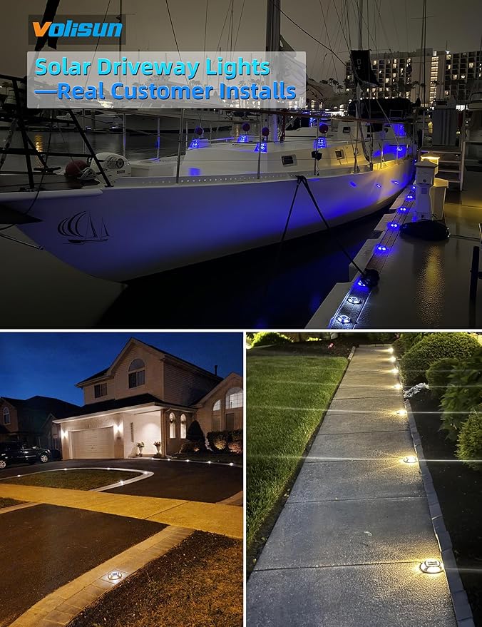 VOLISUN Solar Driveway & Deck Lights 8 Pack Waterproof Dock & Marine Ground Lights,2-in-1 Warm White & White LED,Solar Marker for Pathways,Steps,and Warning Signs,Auto On/Off
