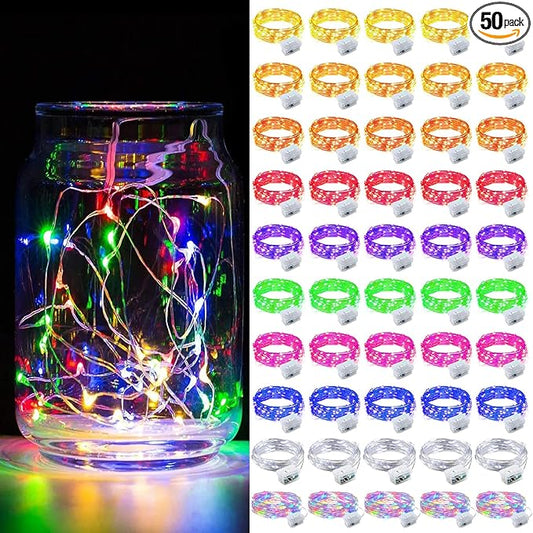 50 Pack Fairy Lights 7Ft 20 LED Twinkle String Lights Battery Operated Waterproof Firefly Starry for Mason Jar Party Wedding Christmas Valentines Day,Rainbow + Blue