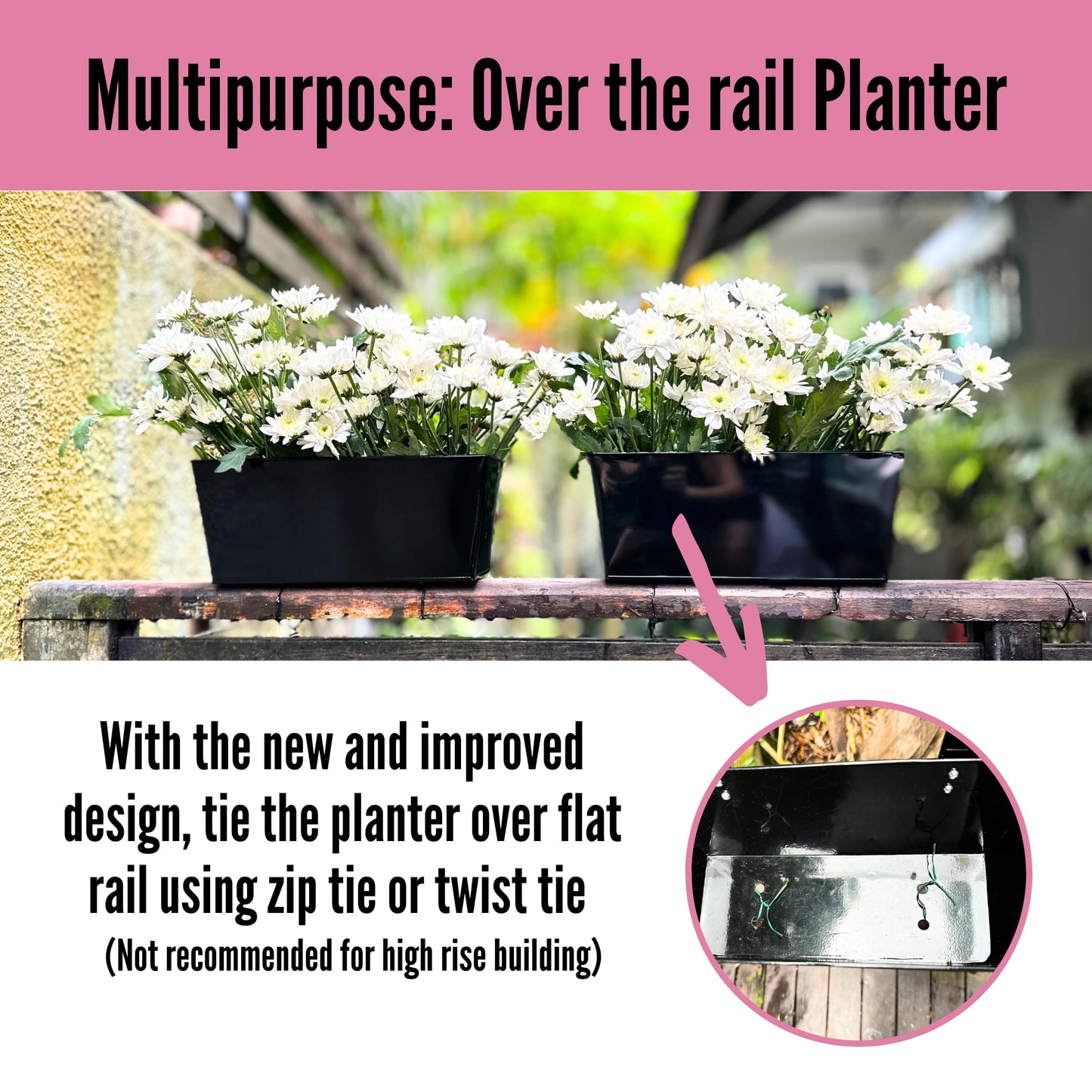 LaLaGreen Rail Planter (16 Inch, 5 Pack) Metal Planters Hanging Flower Pots Rectangular Buckets Herbs Modern Wall Mount Iron Balcony Box Plant Holder Deck Railing Fence Porch Home Outdoor Plants Decor