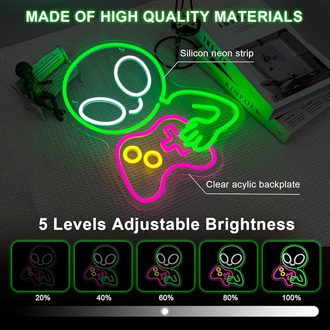 LUCUNSTAR Game Alien Neon Sign Gaming Dimmable Led Neon Lights for Wall Decor Game Room USB Powered For Man Caves Club Gamer Lover Teens Bedroom Home Decor Boys Gift