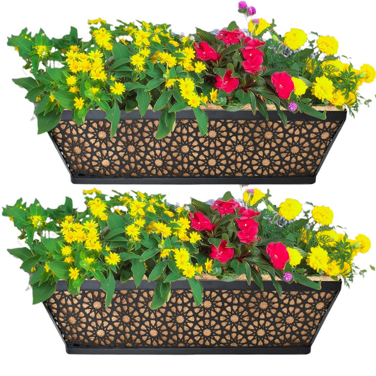 EIMQUVW 2 Pack 24" Railing Planter Window Box Deck Balcony Rail Planter Black Metal Flower Basket Horse Trough Planters with Coco Fiber Liner for Porch Fence Patio Outdoor