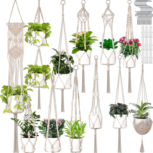 Hoteam 12 Pcs Macrame Plant Hangers Macrame Hanging Planters for Indoor Plants Handmade Boho Hanging Baskets Flower Pots Holder for Outdoor Home Wall Decor(White)