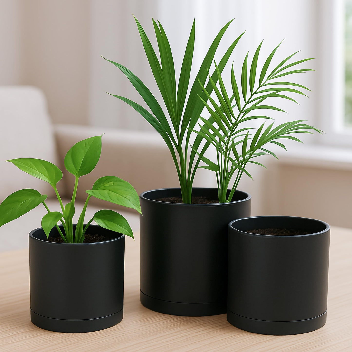 D'vine Dev 4 Inch 5 Inch 6 Inch, Set of 3 Plastic Planter Pots for Plants with Drainage Hole and Seamless Saucers, Black Color, Small, 74-V-B-1