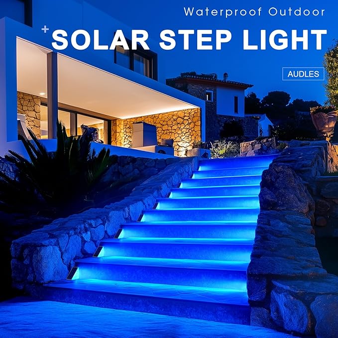6 Pack Solar Stair Lights, Outdoor Step Lights with Waterproof IP67, Blue Color LED Solar Light for Outside Light Decor for Stair, Deck, Front Step, Front Porch, Patio and Backyard