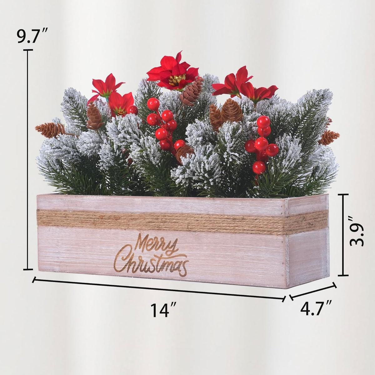 SVENJBB Christmas Table Centerpiece - Red Poinsettias, Snowy Norfolk Pine & Berries in Wooden Box