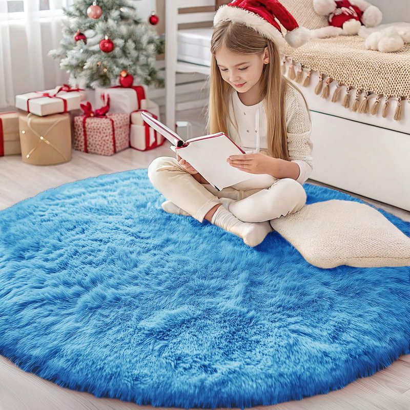 OLANLY Bright Blue Round Rugs for Bedroom - Machine Washable, 4 ft Circle Area Rugs for Living Room, Soft and Fluffy Shaggy Carpet for Teen Girl and Boys, Nursery Rooms, Dorms, Home Decor Aesthetic