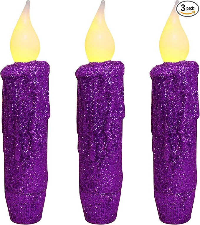 CVHOMEDECO. Glitter Flameless Candles Flickering Battery Operated LED Taper Candles with Timer for Home, Wedding, Halloween, Christmas Decor. Purple, 4-3/4 Inch, Set of 3