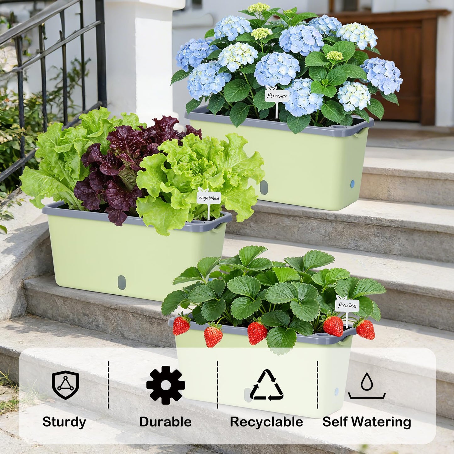 Oliz Window Box Planter 4 Packs, 14 Inches Rectangle Flower Pots with Breathable Drainage Holes, Pots for Vegetables, Herbs, Flowers, Garden Windowsill Balcony (Green & Grey)