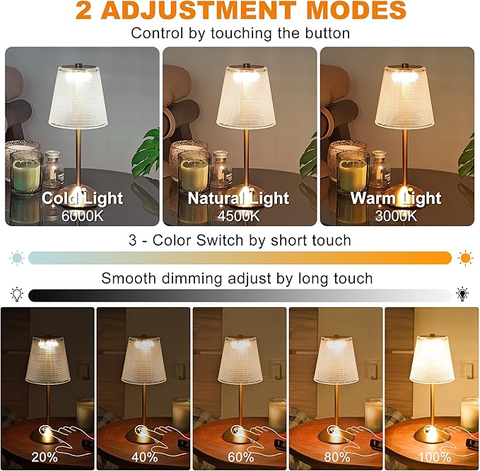 Cordless Table Lamp, 4000mAh Rechargeable Battery Operated Lamp, 3 Color Modes & Stepless Dimmable LED Touch Lamp, Portable Retro Metal Beside Lamps for Home Desk Bedroom Restaurant(Gold)