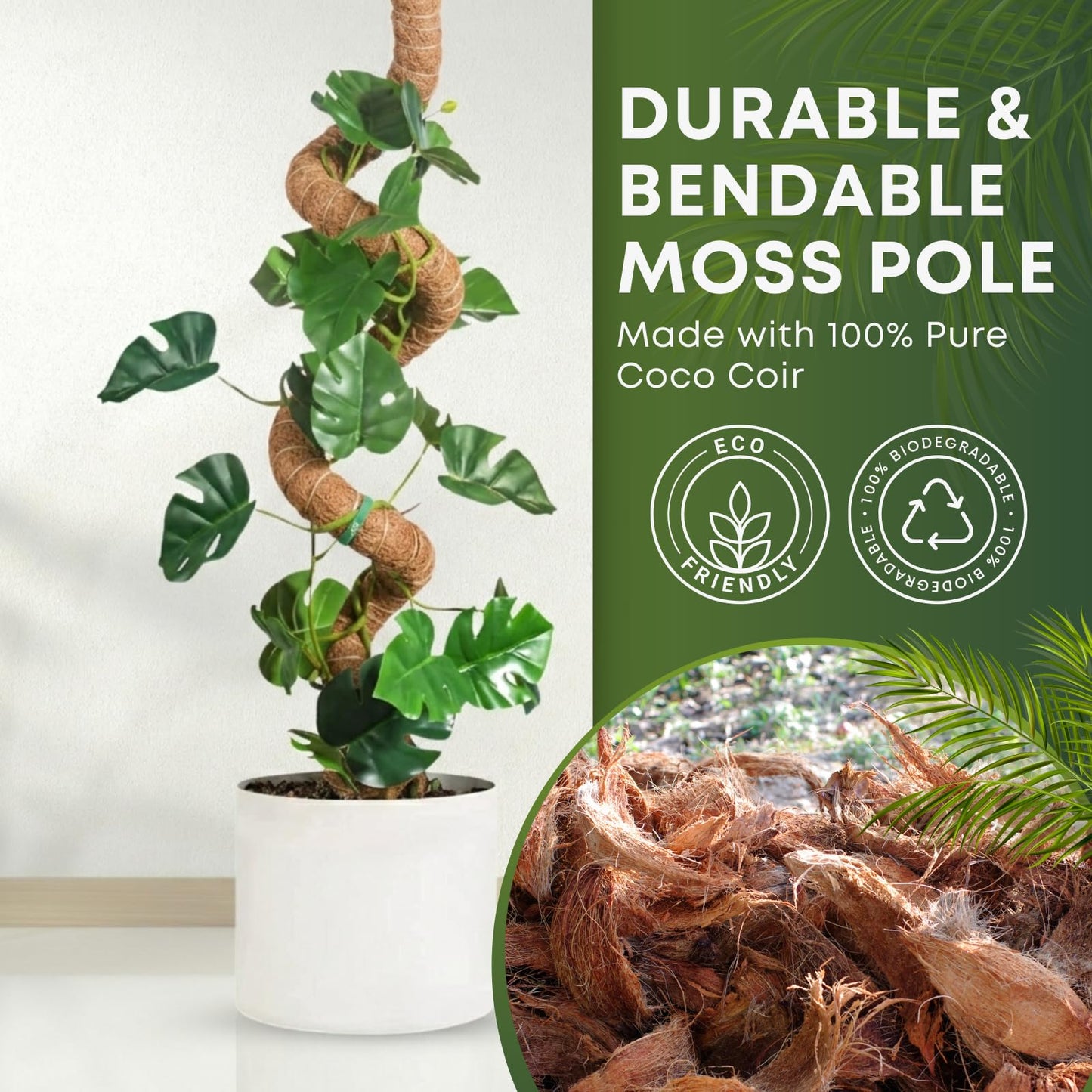Auraville Bendable Moss Pole for Plants | 2 Pack 48 Inch Tall Moss Pole Monstera Plant Support | Large Poles for Climbing Plants | Handmade Coco Coir Plant Pole Sticks for Pothos