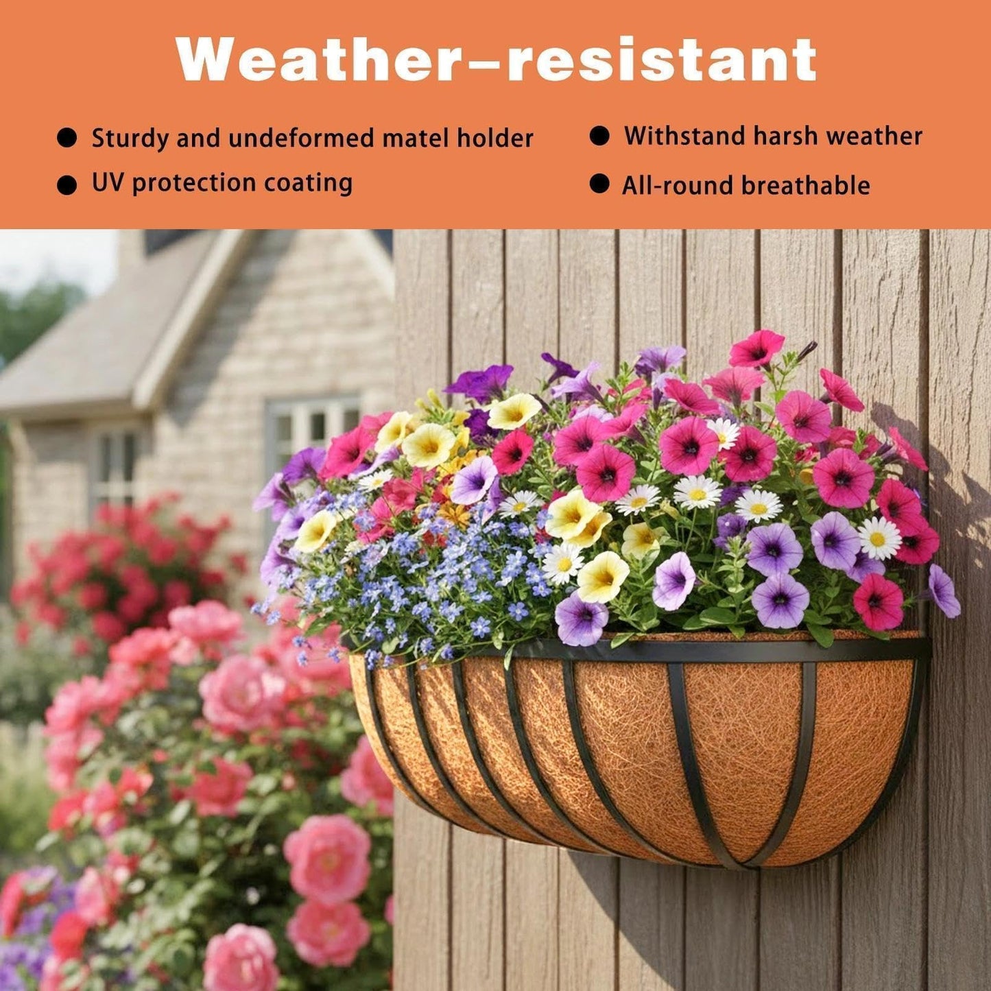 ZVOWOS 4 Pack 16" Railing Planter Window Box with Coco Fiber Liner Horse Trough Planter The Railing Planters Boxes for Deck Porch Fence Outdoor