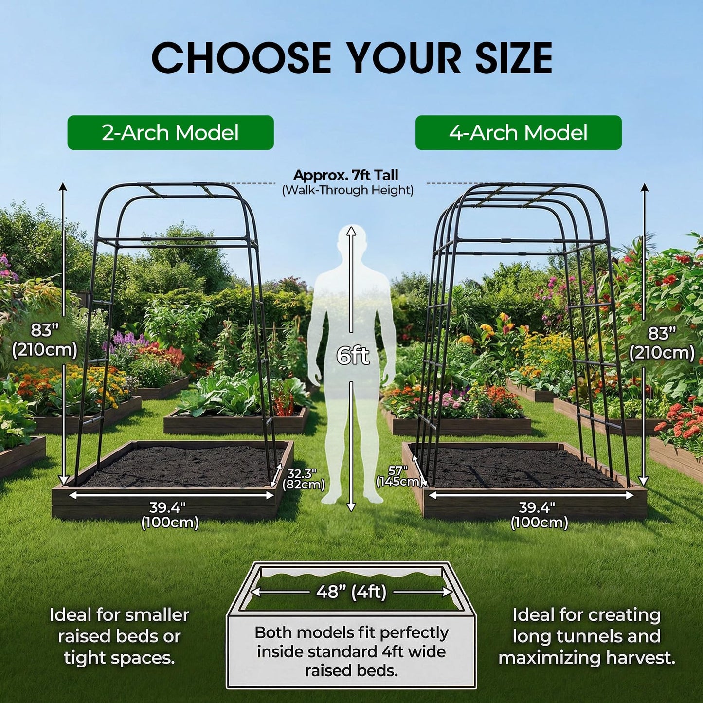 Garden Arch Trellis for Climbing Plants (83" H x 57" L), Metal Cucumber & Tomato Cage, Rustproof Walk-Through Tunnel Support for Pumpkin, Squash, Melon & Rose
