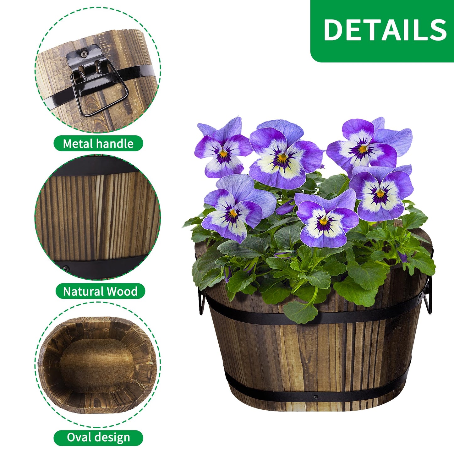 Adnee 3 Pcs Wooden Whiskey Barrel Planters - 3 Sizes Wooden Bucket Barrel Garden Planters Set - Rustic Flower Planters Pots Container for Indoor Outdoor Garden Home Plants(5.3",7.3",8.3")