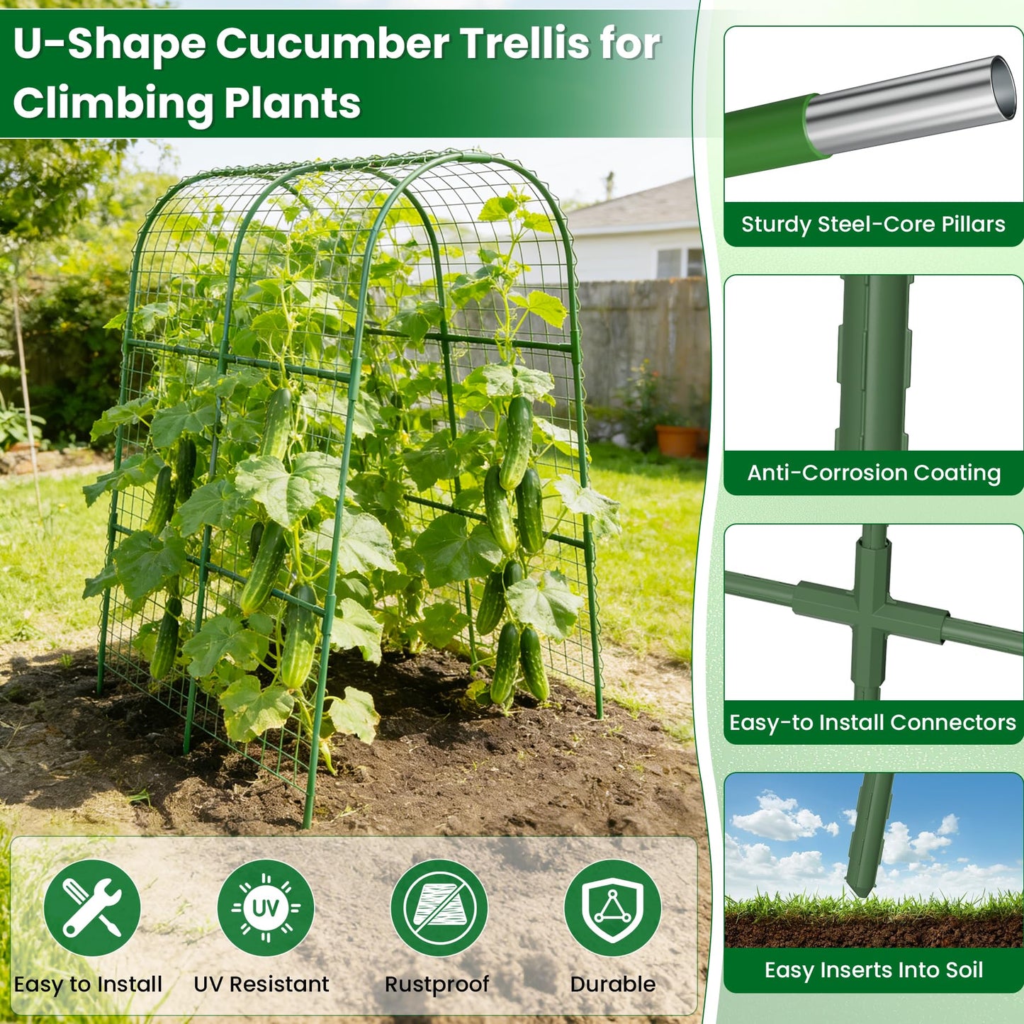 Cucumber Trellis for Raised Bed 32" L x 48" H, U-Shape Garden Trellis for Climbing Plants Outdoor, Metal Arch Trellis for Vegetables, Plant Support for Tomato Pea Zucchini Grape Flowers