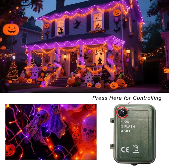 Pooqla Halloween Lights Battery Operated, Indoor Outdoor String Lights Total 200LED 16.6Ft*4, 50LED*4 Waterproof Fairy Lights for Halloween Decor, Orange and Purple, 4 Pack