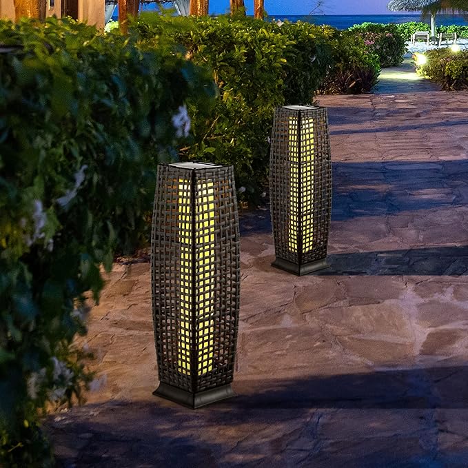 Tangkula 2-Piece Outdoor Solar Powered Floor Lamps, IP65 Waterproof Wicker Floor Lamps with Auto On/Off LED Light, Outdoor Decorative Lanterns for Garden Patio Porch Deck Pathway (Cross-Black)