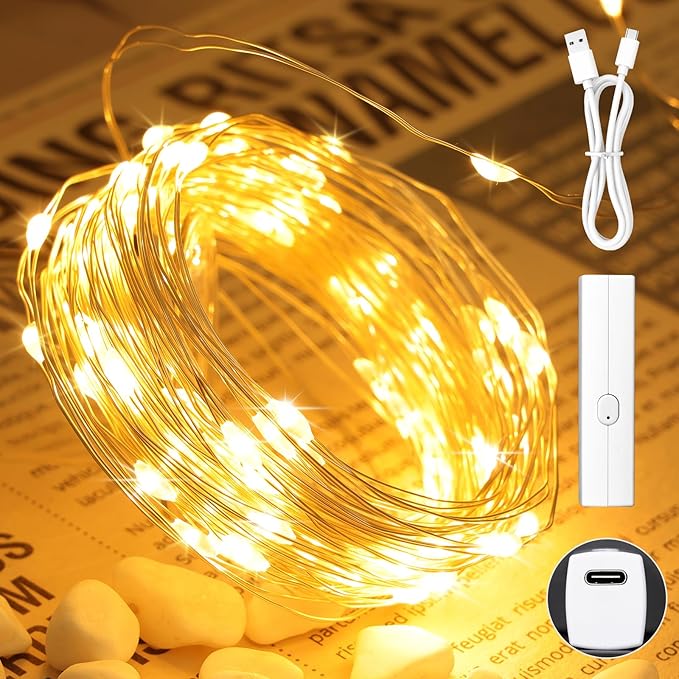Lakumu 132FT(33 * 4) Fairy Lights Battery Operated, Rechargeable String Lights with Timer, LED Twinkle Lights for Bedroom, Christmas Decorations, Wedding, Centerpiece Table Decor, Warm White