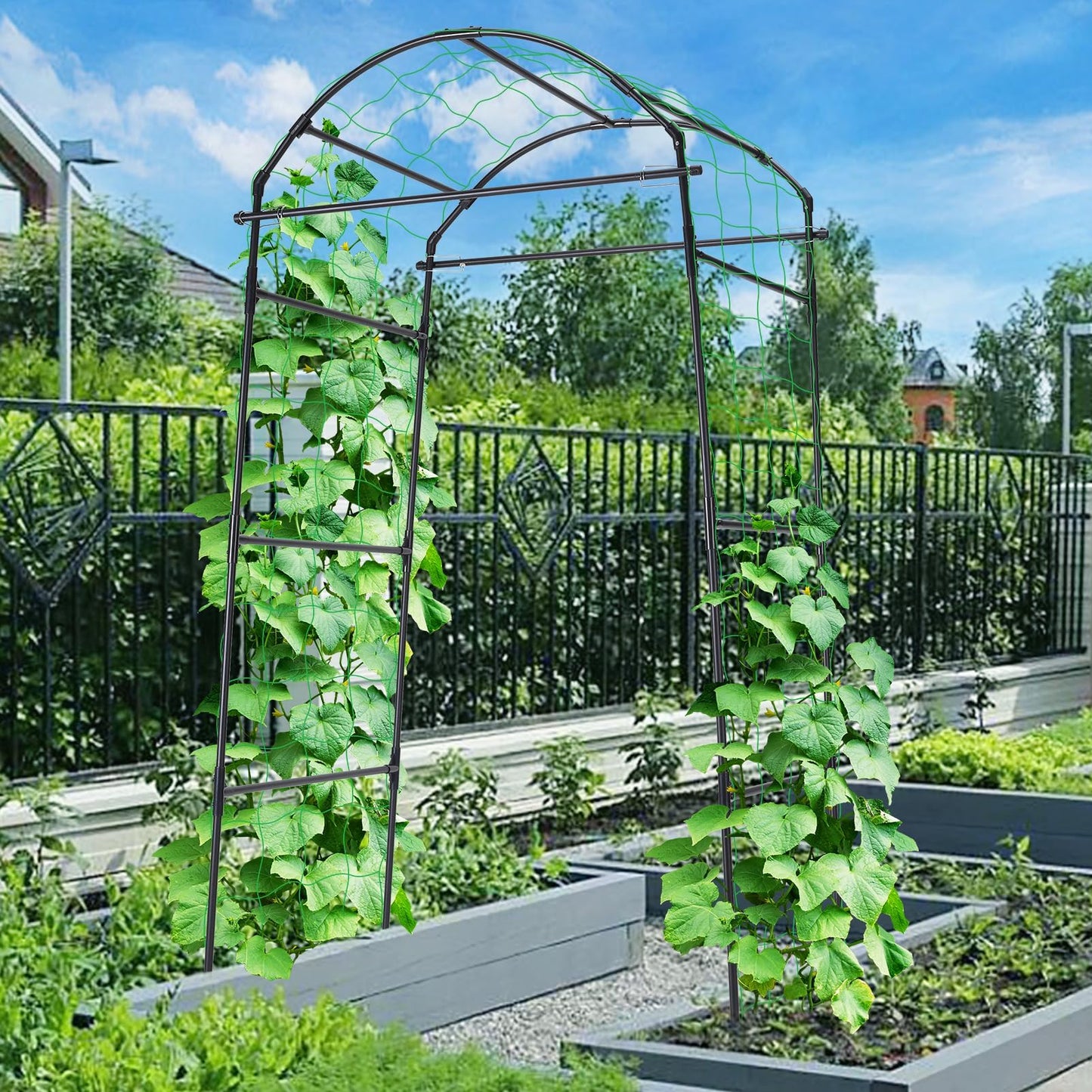 FOLLOOK Cucumber Trellis, 6.7ft Tall Garden Arch Trellis for Climbing Plants Outdoor Arbor Support Vine Vegetable Tomato Bean Pea Grape Squash Pumpkin Cucumber Raised Bed, Lightweight, Black