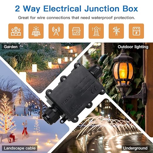 Helunsi 2 Pieces Waterproof IP68 External Junction Box, 2 Way Outdoor Junction Box, Underground Plug Line Coaxial Cable Connector Wire Range 5 to 15mm Electrical Power Cord Weatherproof Boxes - Black
