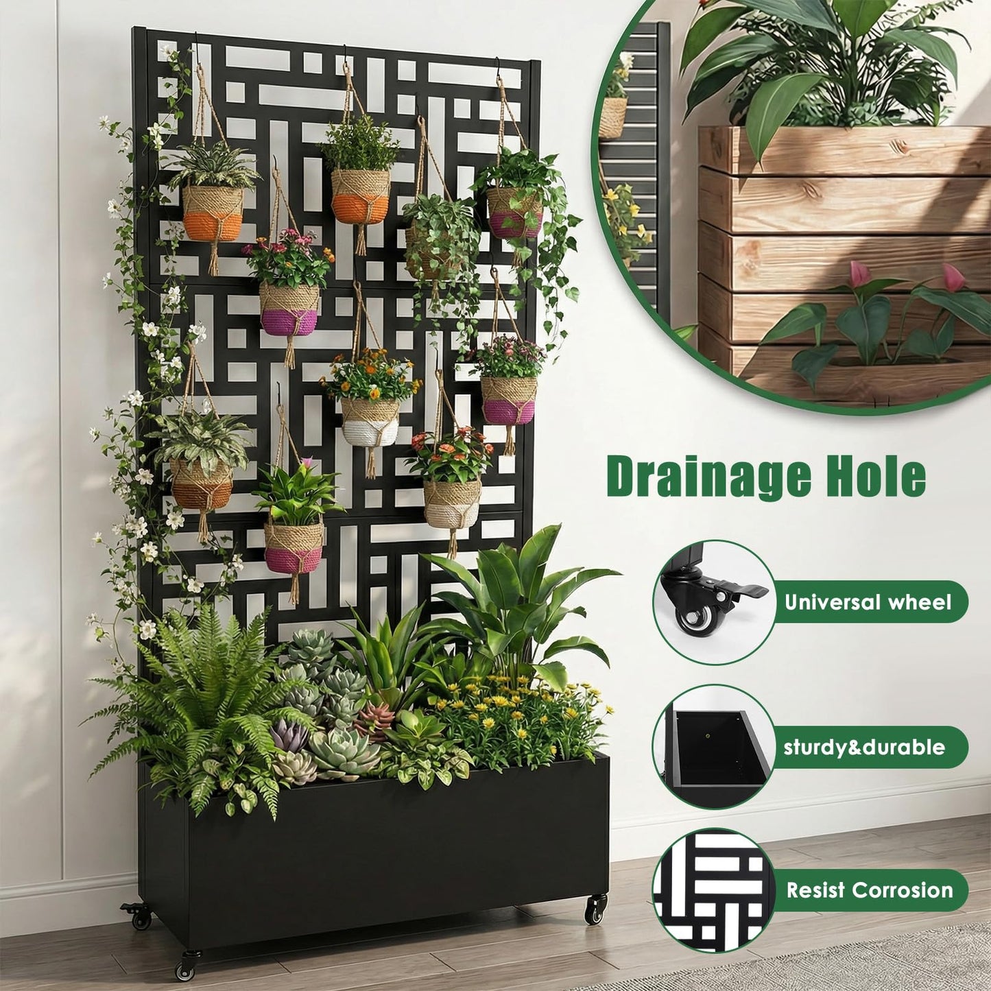 ASIEIT Metal Planter Box with Trellis Standing Planter Box for Climbing Plants/Vines Raised Garden Bed On Wheels 70.87x35.43x15.75 Inch (02)