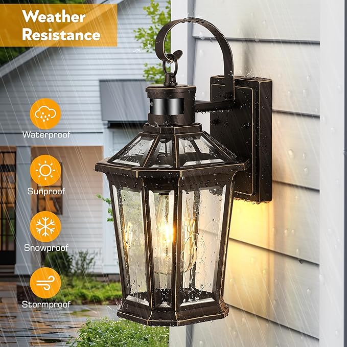 VIANIS Motion Sensor Porch Lights Outdoor Wall Sconce, Aluminum Dusk to Dawn Outdoor Lighting, Waterproof Oil Rubbed Bronze Gold Trim Exterior Lighting Fixtures, Outside Wall Lights for House, Garage