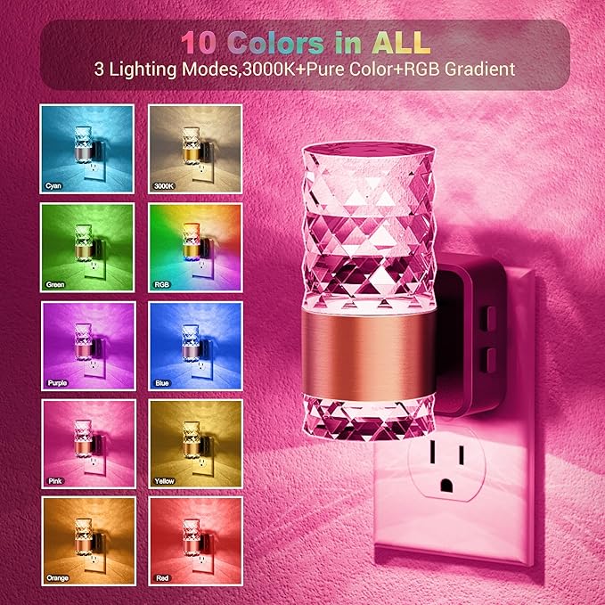JandCase Night Lights Plug into Wall, Color Changing Night Light for Kids, 3000K+RGB 10-Color LED Nightlight with Light Sensor, 10/50/100LM Adjustable Brightness for Rooms Home Decor