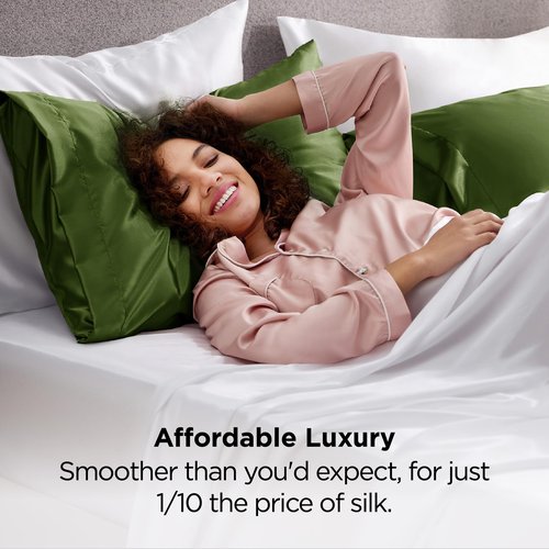 Bedsure Satin Pillowcase 2 Pack Similar to Silk Pillow Cases Standard Size, Pillow Case for Hair with Envelope Closure, Olive Green Room Decor Aesthetic Gifts for Women, Moss, 20x26 Inches, 2pcs