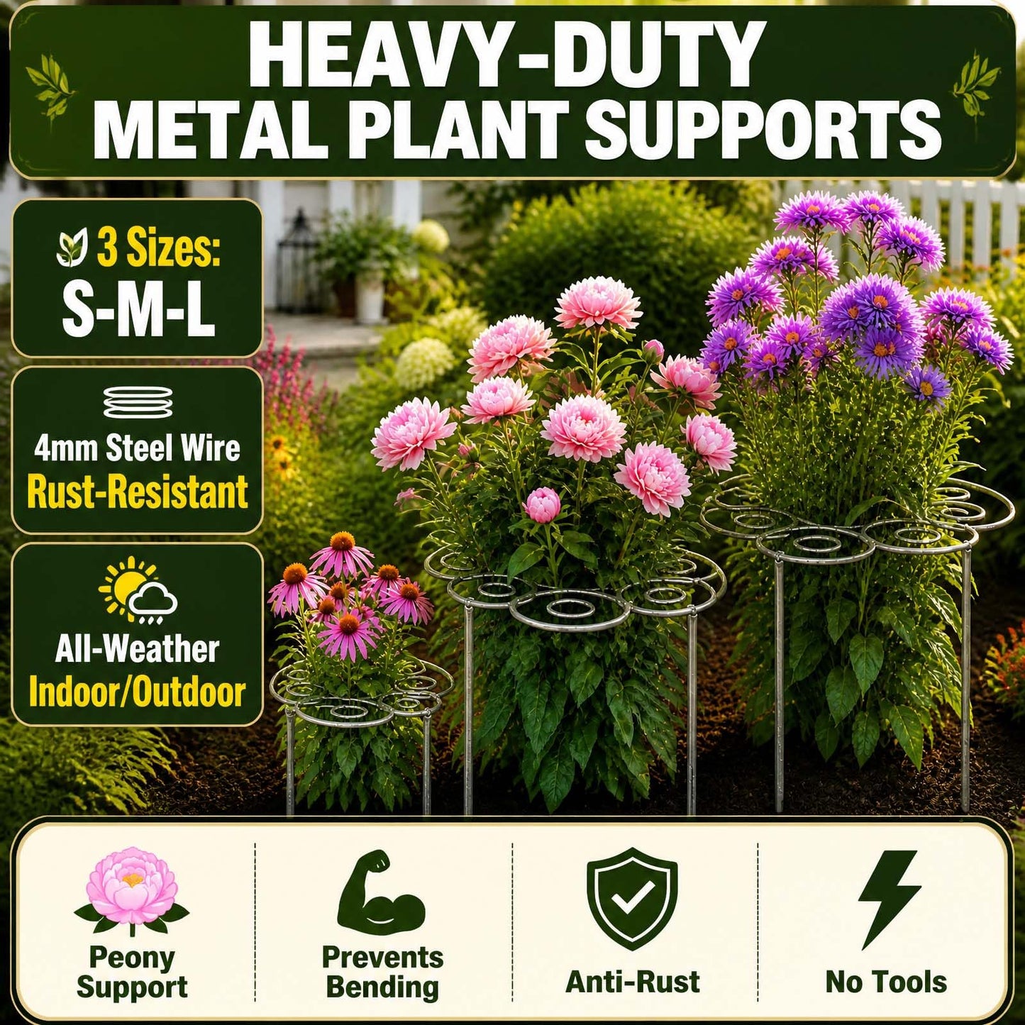 Peony Cages and Supports,Rustproof Weather-Resistant Metal Plant Support Stakes for Indoor Outdoor Garden Lawn Patio,Half-Round Grow Through Cage Ring for Peony,Hydrangea,Rose,Tomato (Small)