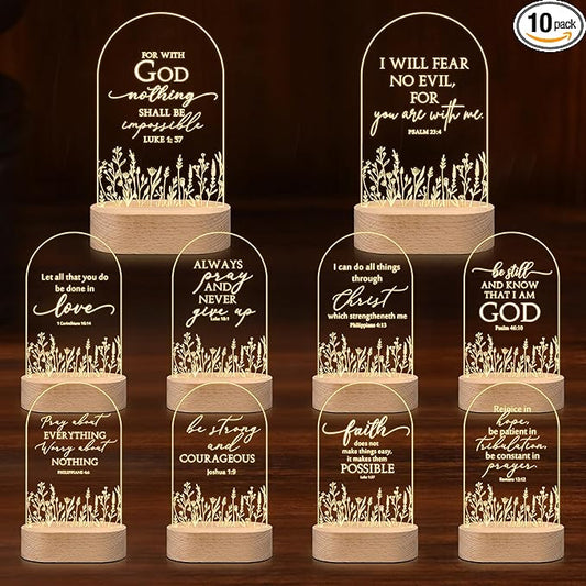 10 Pcs Christian Acrylic Night Light Bulk Mothers Day Religious Faith Church Gifts for Women Ladies Group Bible Verse Scripture LED Lamp with Wood Base for Easter Decor Men Clergy Pastor