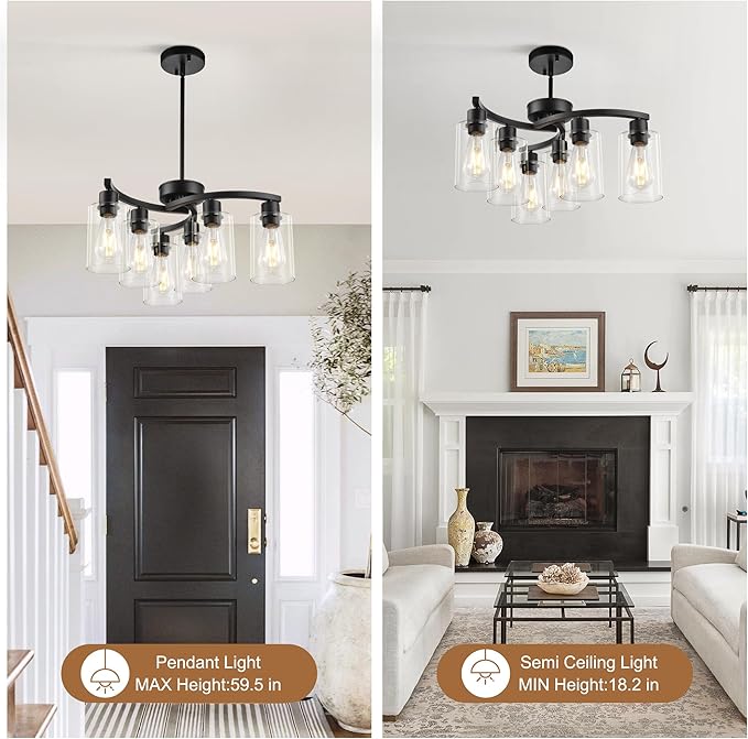 6 Light Modern Chandeliers for Dining Room,21.7" Black Hanging Light Fixture，Kitchen Pendant Lighting Over Island，Industrial Farmhouse Chandelier,Metal with Downward Clear Glass Shade