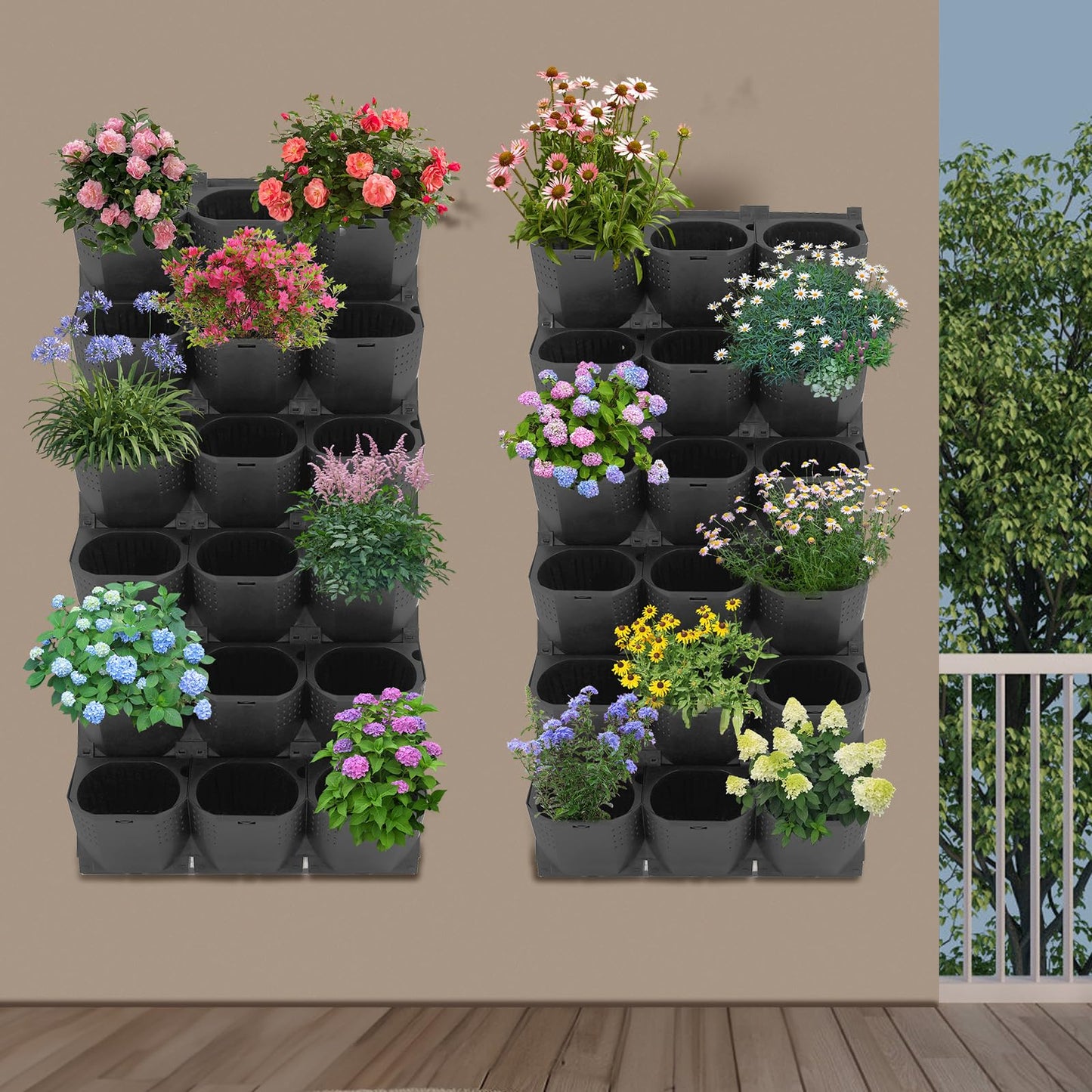 Eapmic Vertical Wall Planter with 36 Pots, Hanging Garden Plant Flowerpot Holder, Stackable Wall-Mounted Planter, Balcony Planters for Flowers Vegetables Fruits (Black, 36 Pots)