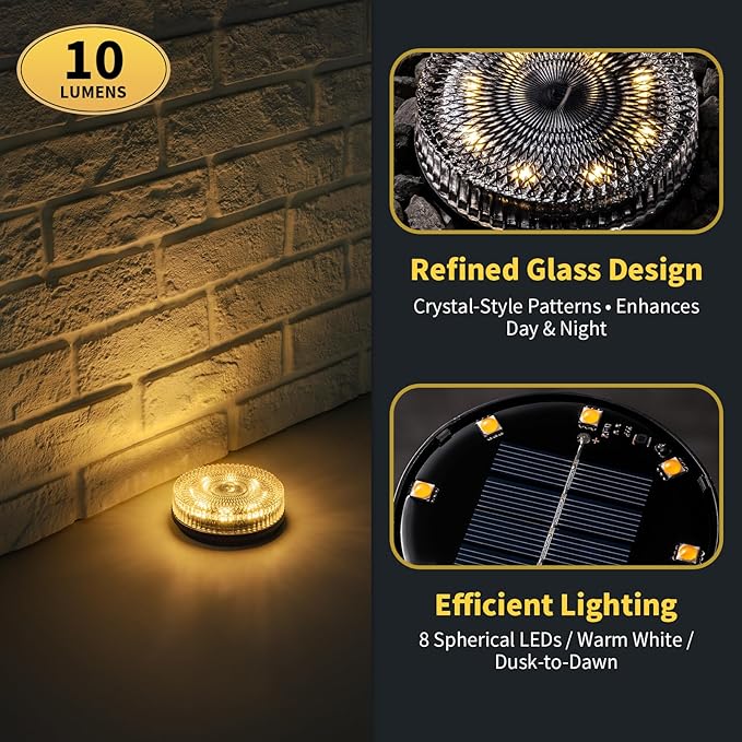 Glass Solar Ground Lights with Crystal Style, Modular-Design Waterproof In-Ground Light for Patio Pathway Lawn Yard Deck Walkway, Decorative Disk Lighting for Garden Bed, Warm White (4 Pack)
