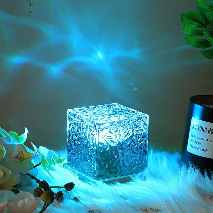 Northern Lights Cube Lamp Ocean Water Projector Luminorthe lumena Lights Cube Bedroom Decor 16 Colors Rotating Flame Remote Charging for Kids Adults