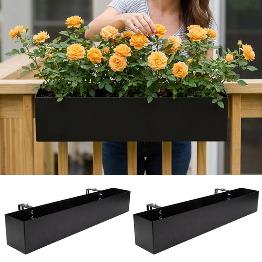 LaLaGreen Railing Planter Box (30 Inch, 2 Pack) Large Black Metal Rectangular Hanging Flower Boxes with Brackets, Planters for Outdoor Deck Railings Fence Balcony Patio Porch Over Rail Garden Decor