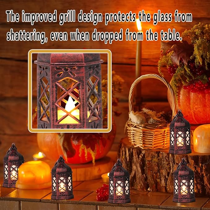 12-Pcs Mini Lanterns, Small Candle Lanterns Decorative, LED Tea Light Lantern Ramadan Decorations, Hanging Lantern, Centerpiece for Wedding Table, Battery Included(Rose Gold)