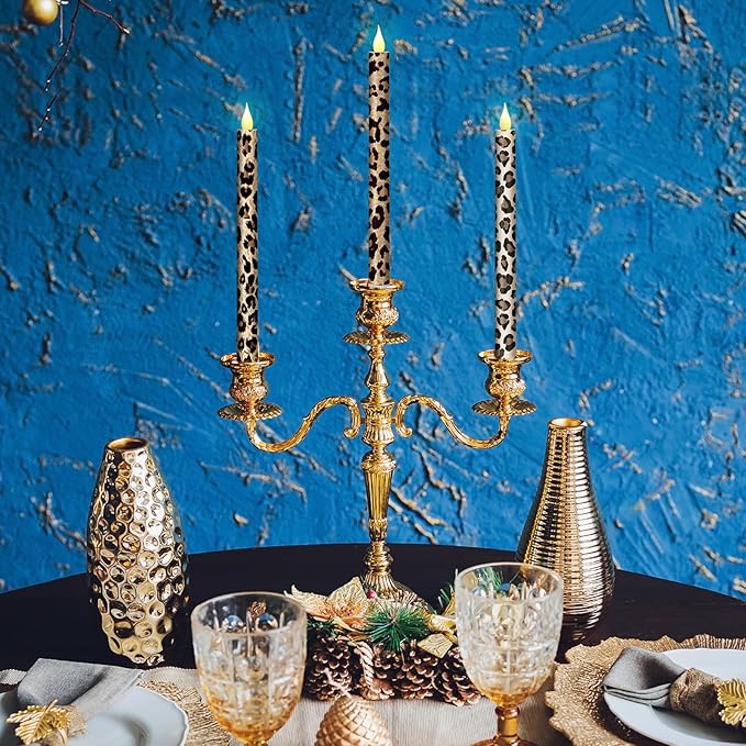 Honoson 6 Pcs Leopard Flameless Taper Candles 10.6 Inch Cheetah Print Candles Battery Operated LED Candlesticks for Animal Theme Birthday Party Dinner Table Home Bathroom Decor