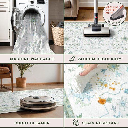 Hazo Haus Oushak Runner Rug - Floral Pastel Boho Design, Washable Low Pile, 2x10 ft - Cream, Blue & Green