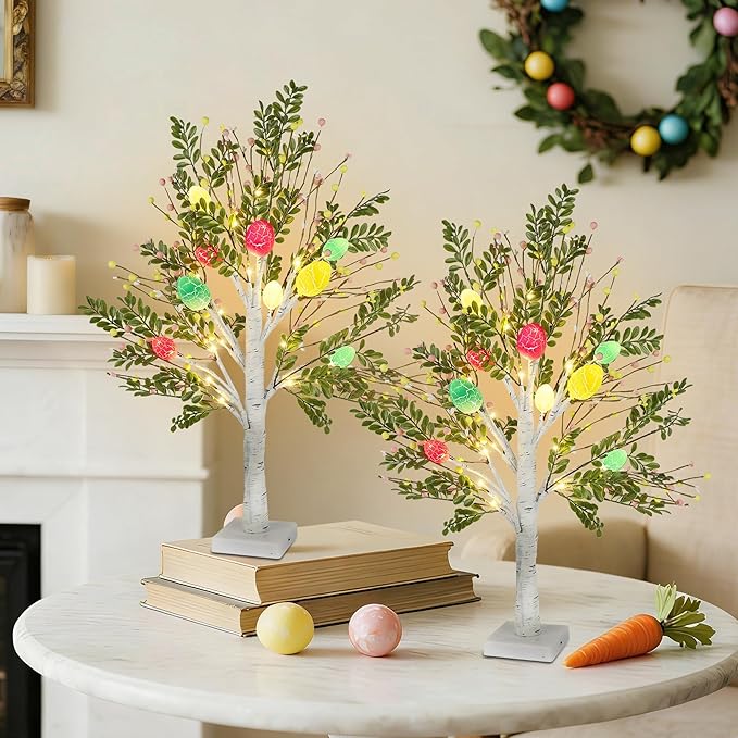 DR.DUDU 27 Inch Easter Decor for Home – 2 Pack Lighted Easter Trees, Light Up Birch Trees with Easter Egg, Tabletop Spring Decor for Mantel Indoor Office