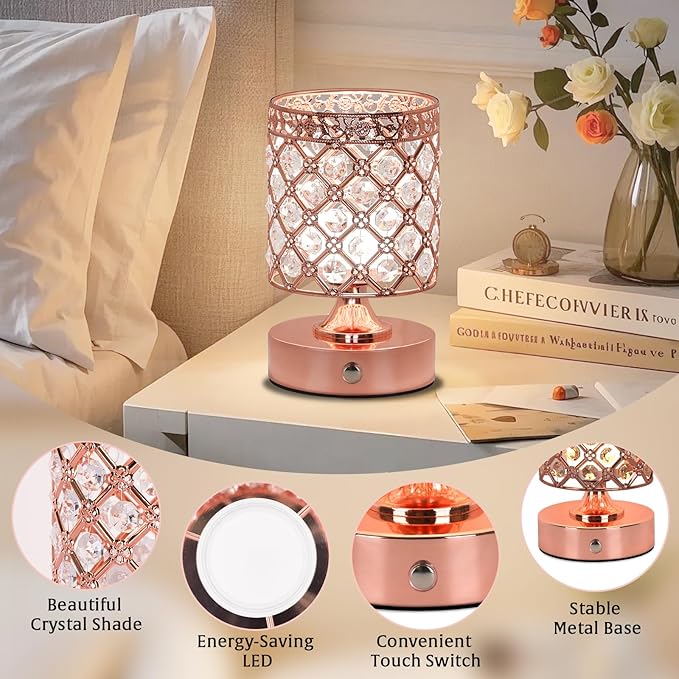 TOBUSA Crystal Cordless Table Lamp Rechargeable, Portable 6000mAh Battery Operated Lamp with 3 Color Temps & Stepless Dimming, Bedside Touch Small Desk Lamp, Rose Gold LED Night Light for Bedroom Bar